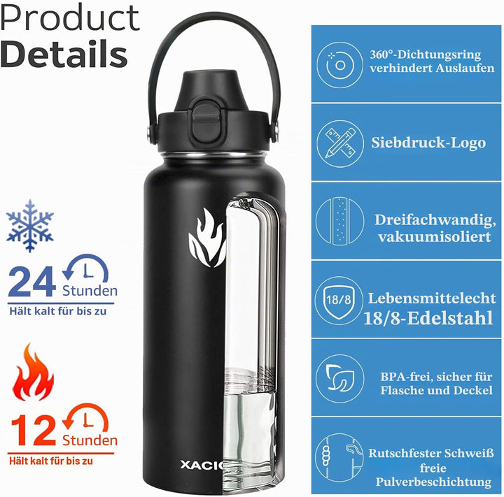 XACIOA Edelstahl Wasserflasche,1200ml/40oz Vakuumisolierte Trinkflasche,Auslaufsichere mit Strohdeck
