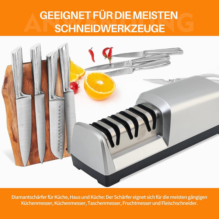 15 Grad Messerschärfer, 3-in-1 Elektrischer Messerschärfer für Fleisch und Gemüsemesser, Profi für G