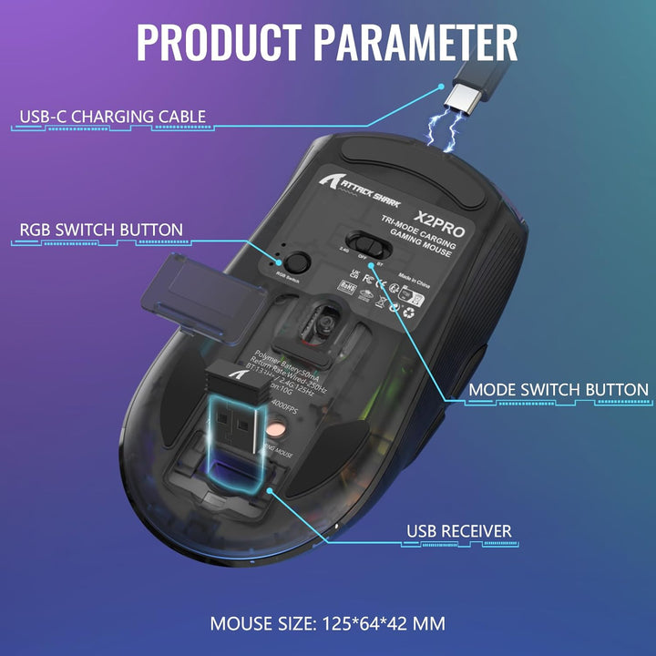 ATTACK SHARK X2 Pro Kabellose Gaming Maus mit Charging Station, Leise Maus Tri-Mode(BT5.0/2.4G Wirel