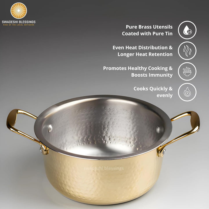 Swadeshi Blessings EXKLUSIVE RANGE Messingtopf / Suppentopf zum Kochen mit Deckel / Teflonfrei / Nat