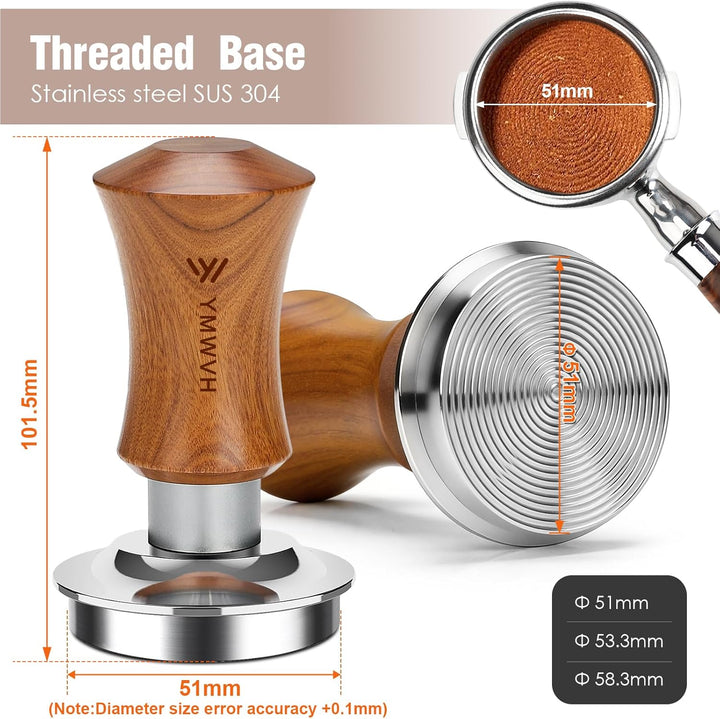 Premium Espresso Tamper mit Base Ripple 51mm - Kaffeestampfer aus Edelstahl mit formschönem Walnuss-