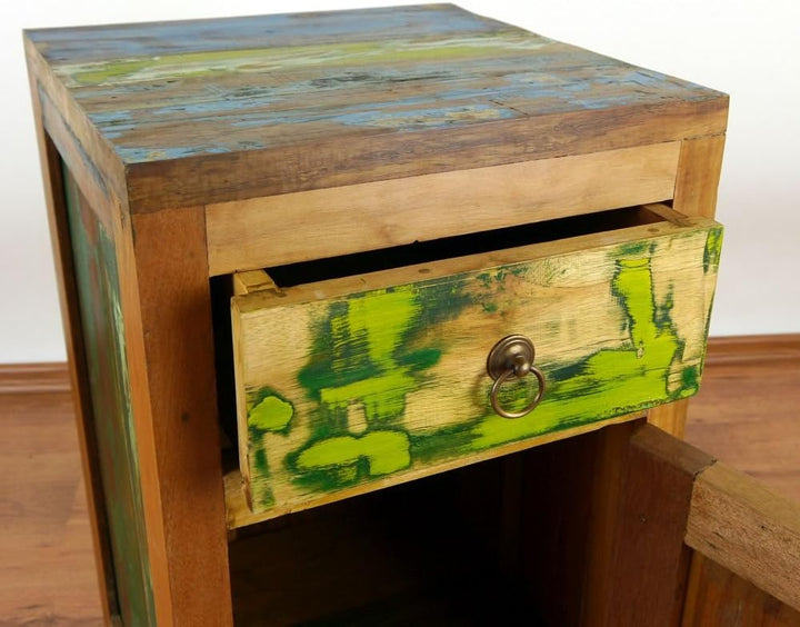 livasia Teakholz Nachtschrank aus Java | Recyceltes buntes Bootsholz | Asiatische Möbel | Designer M