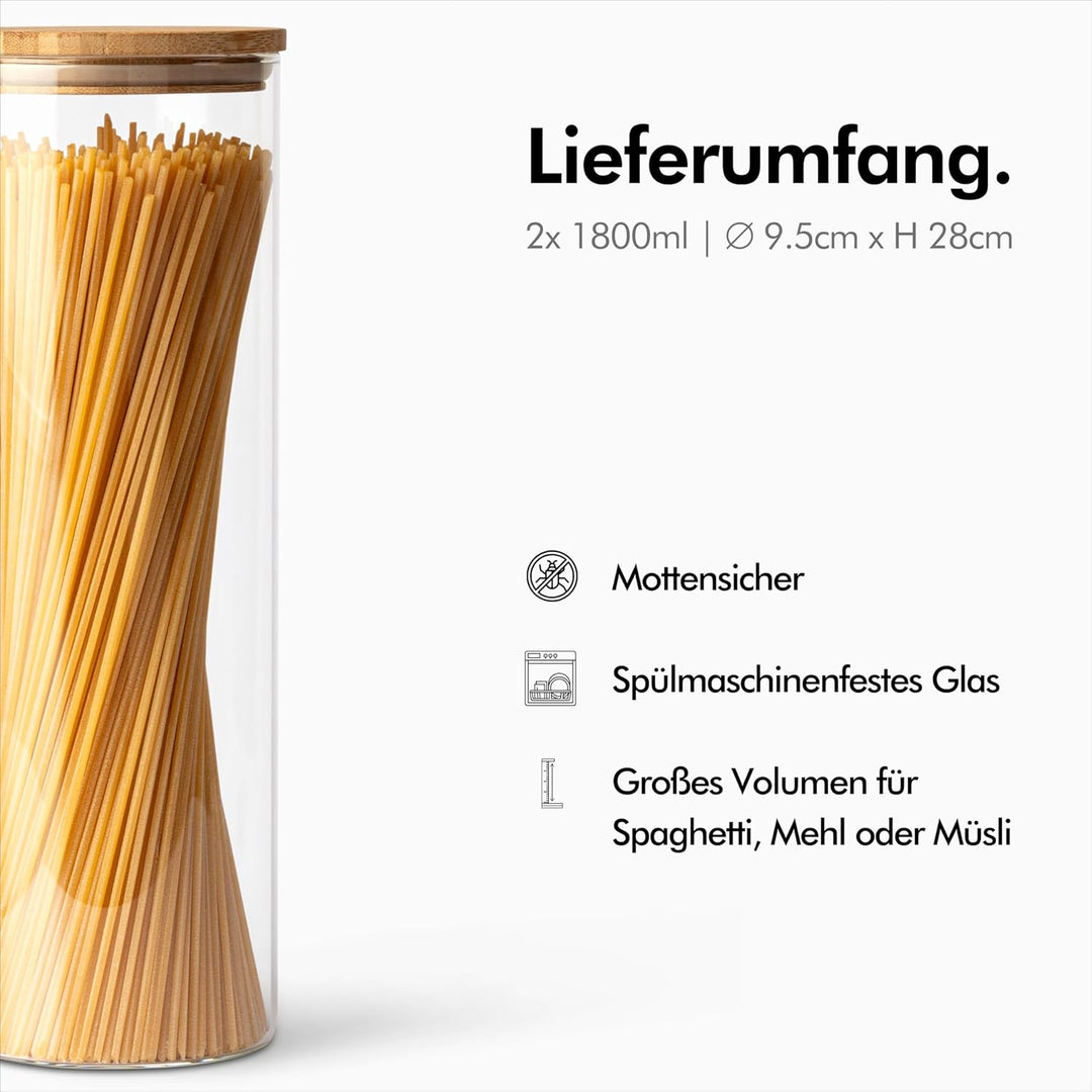 KIVY Vorratsdosen Glas Set [2 x 1800ml] – Nudel & Spaghetti Aufbewahrung als Glasbehälter mit Deckel