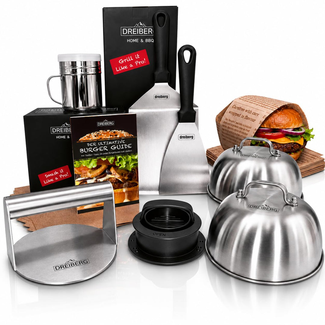 Burger Set aus Edelstahl inkl. Grillspachtel Set, Schmelzglocken, Burgerpresse, Smasher, Gewürzstreu