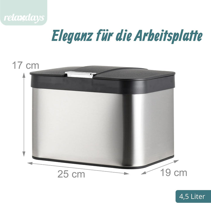Relaxdays Biomülleimer Arbeitsplatte, 4,5 L, silber/schwarz | Komposteimer geruchsdicht, Inneneimer