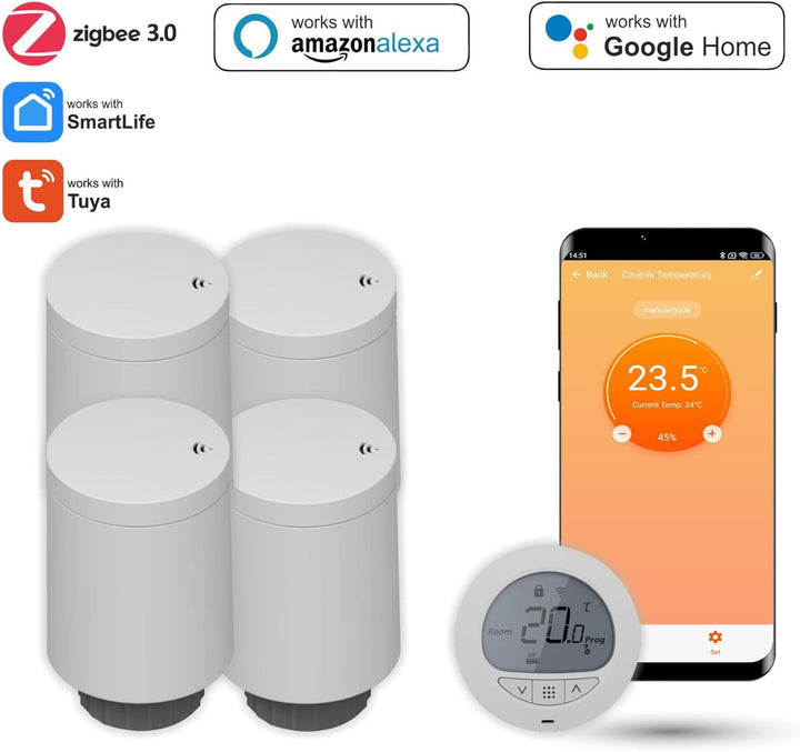 Automat-on Set für Fussbodenheizung mit 4X Smart Heizkörperthermostat und Zigbee Thermostat Fussbode