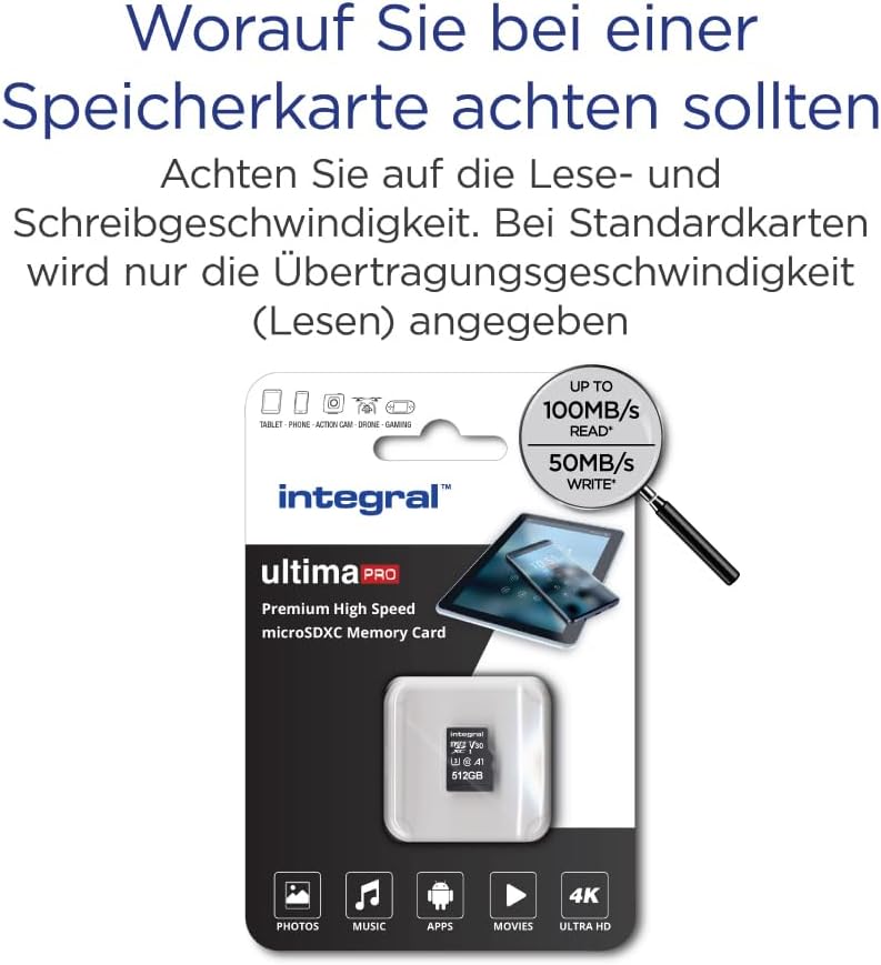 Integral 512GB Micro SD Karte 4K Video Premium High Speed Speicherkarte SDXC bis zu 100MB/s Lesegesc