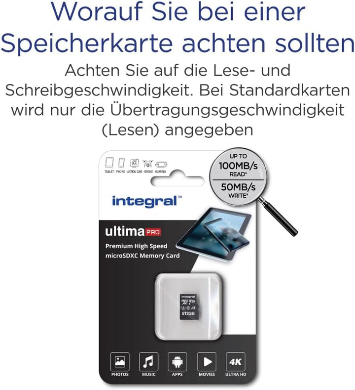 Integral 512GB Micro SD Karte 4K Video Premium High Speed Speicherkarte SDXC bis zu 100MB/s Lesegesc