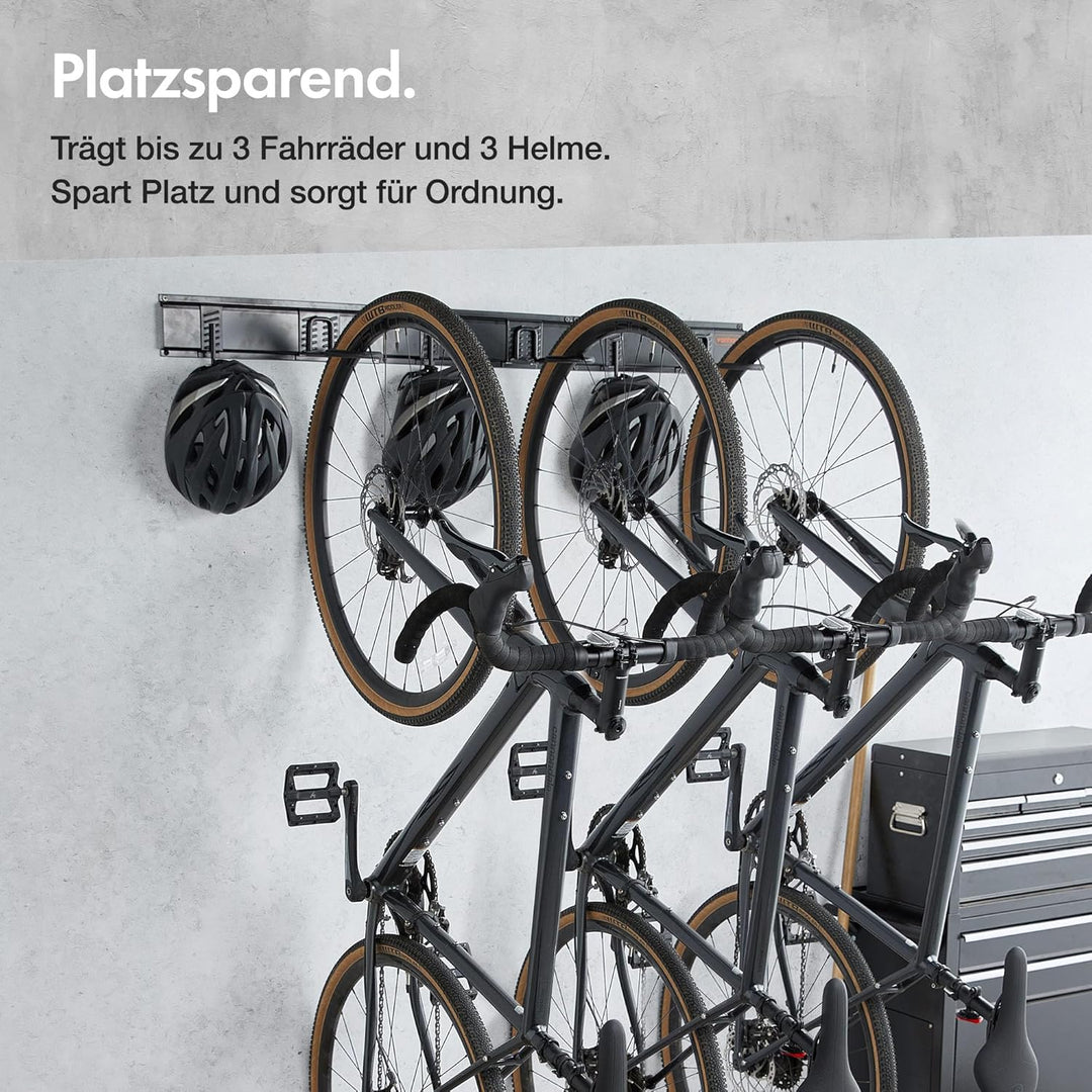 VonHaus Fahrrad Wandhalterung Set für 3 Fahrräder und 3 Helme – Platzsparende, vertikale Fahrradhalt