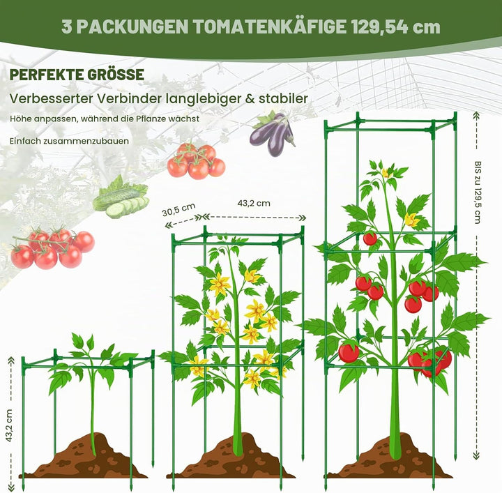 3 Stück Tomatenkäfige Quadratische Tomaten Rankhilfe, 130cm Verstellbar Tomatenturm Rankgitter Mit 5