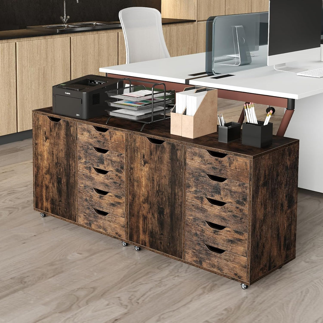 GIANTEX Rollcontainer mit 5 Schubladen &amp; Schrank, Aktenschrank mit Rollen, Schubladenschrank Holz, D