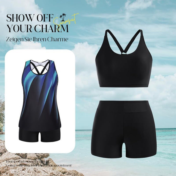 Hanna Nikole Tankini Damen Sportlich Grosse Grössen Dreiteilig Tank Aushöhlen Oberteil mit Boyshorts