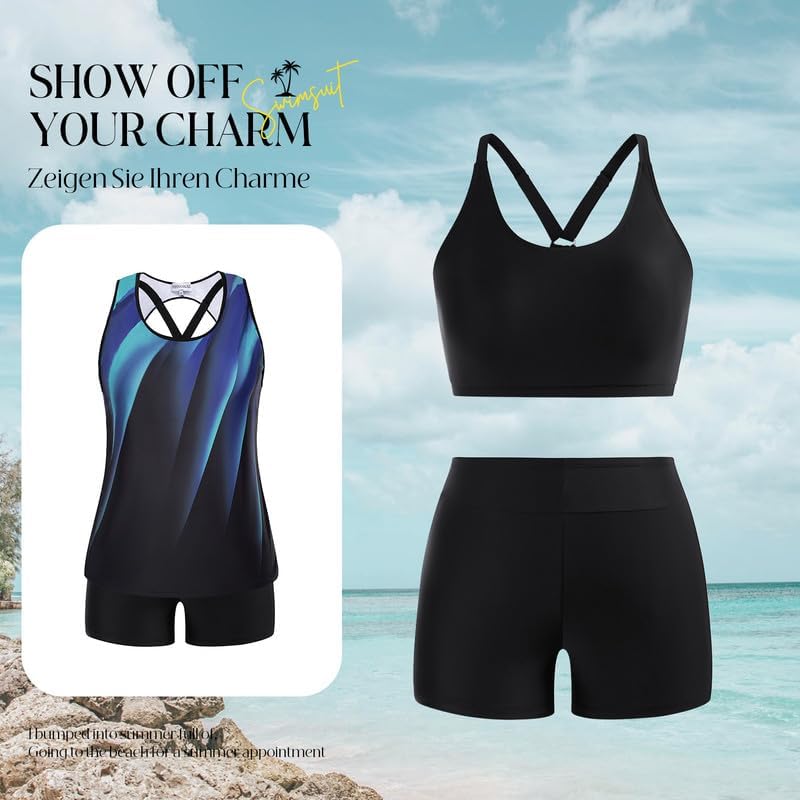 Hanna Nikole Sportlich Tankini Damen Grosse Grössen Dreiteilig Tank Aushöhlen Oberteil mit Boyshorts