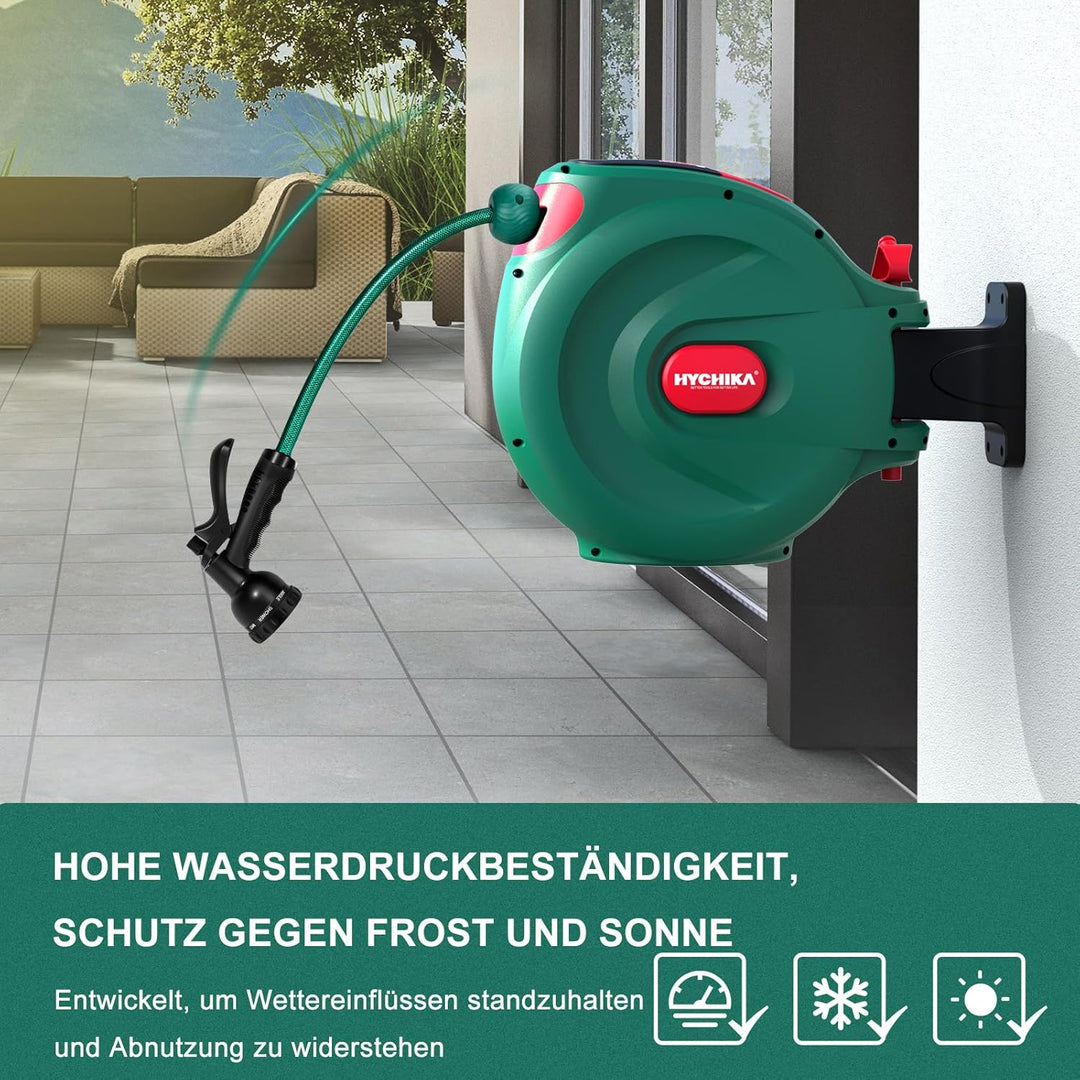 HICHIKA Schlauchtrommel Gartenschlauch 20m – Schlauchbox für die Wandhalterung, Automatische Verrieg