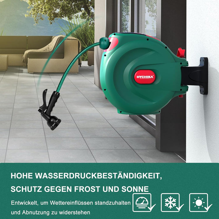HICHIKA Schlauchtrommel Gartenschlauch 20m – Schlauchbox für die Wandhalterung, Automatische Verrieg