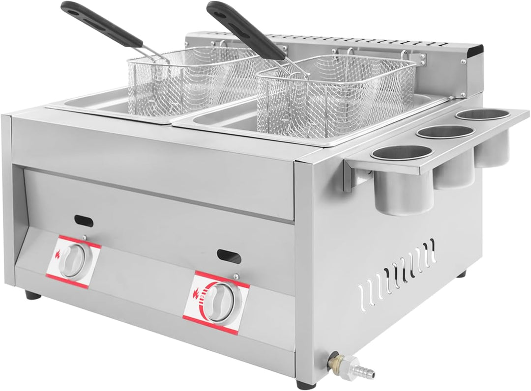 Kommerzielle Gas Fritteuse 10L+10L Doppeltank, Edelstahl Frittiermaschine mit 2 Frittierkörben & Dec