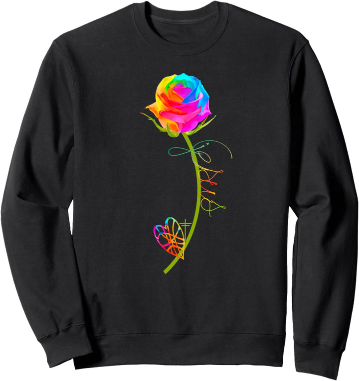 Jesus Rainbow Rose With Heart & Cross Cute Ladies Christian Sweatshirt