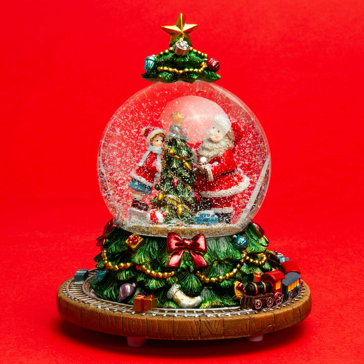 SIKORA SK18 Grosse Deko Glas Schneekugel Weihnachtsmann am Baum mit Stern und fahrendem Zug D:100mm