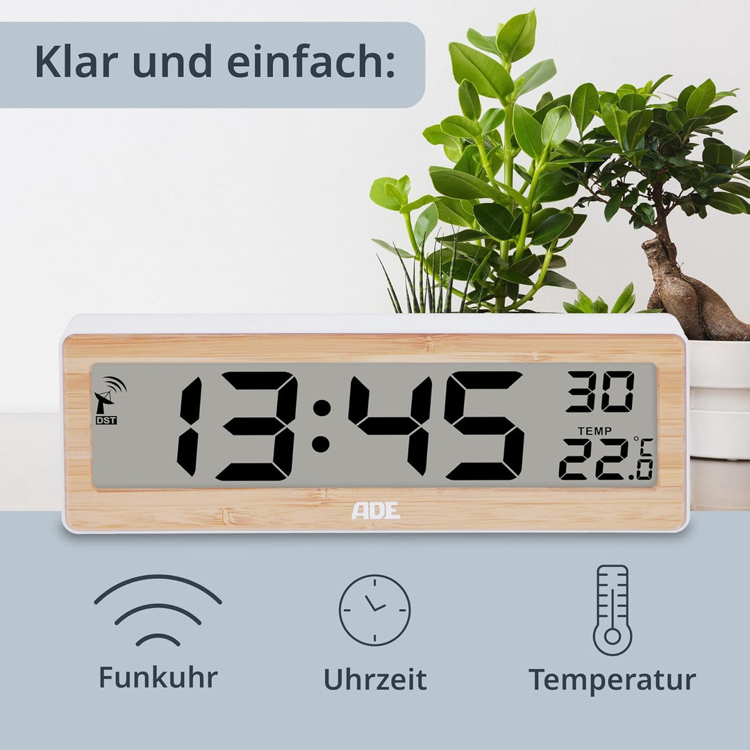 ADE Digitale Funkuhr Wohnzimmer mit Temperaturanzeige | sehr grosse Ziffern | gut ablesbares Display