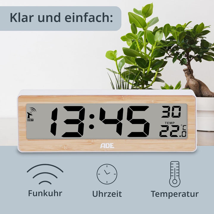 ADE Digitale Funkuhr Wohnzimmer mit Temperaturanzeige | sehr grosse Ziffern | gut ablesbares Display