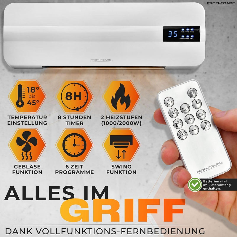 ProfiCare® Wand Heizlüfter mit Fenster-Offen-Erkennung | Heizkörper für bis zu 60qm | Elektroheizung