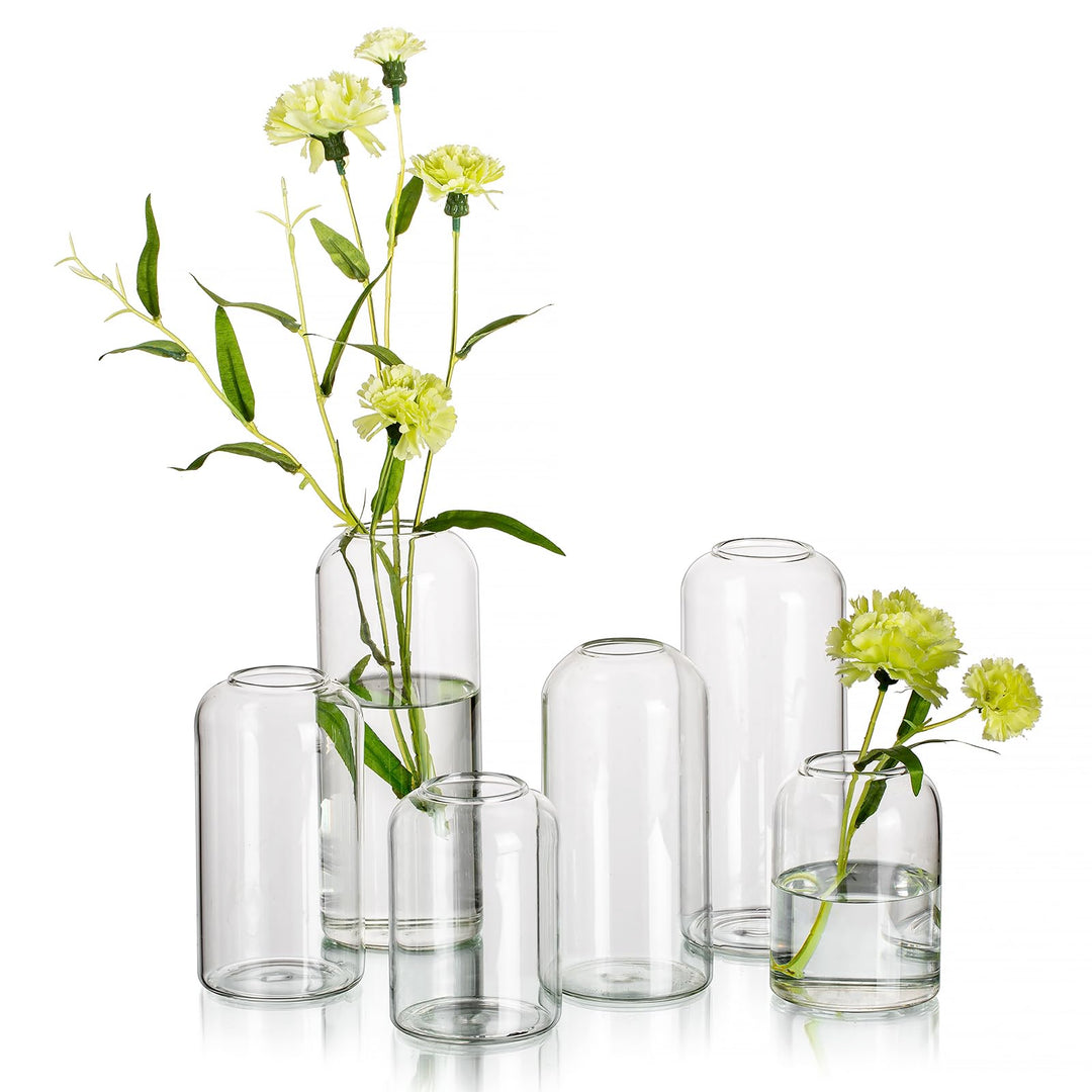 Hewory Kleine Vasen für Tischdeko: 6er Set Klar Vasen Deko Glaszylinder Vase Glas, Klein Glasvase Ru