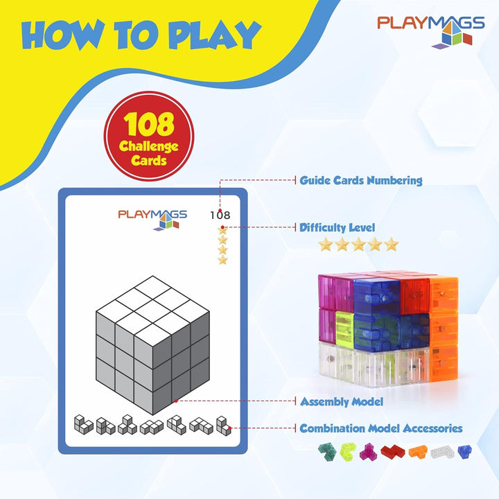 Playmags Brainy Cube mit Brainy Cube Challenge Cards, Bausteine für kreatives offenes Spiel, pädag