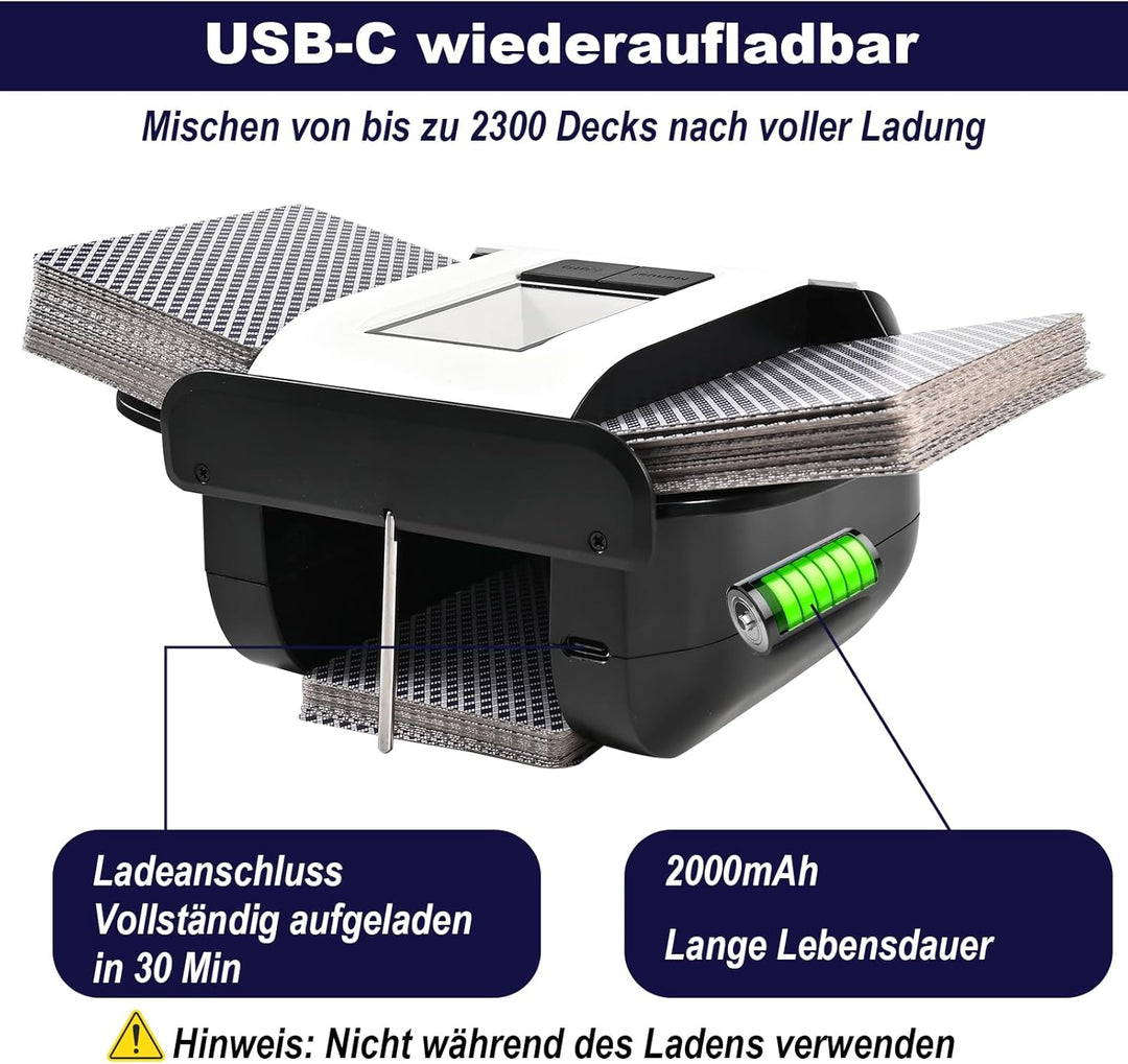 Automatischer Kartenmischer Elektrische für 2 Decks, Aufladbarer Karten Mischgerät mit 2000mAh Akku