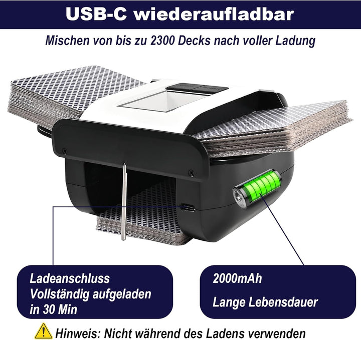 Automatischer Kartenmischer Elektrische für 2 Decks, Aufladbarer Karten Mischgerät mit 2000mAh Akku