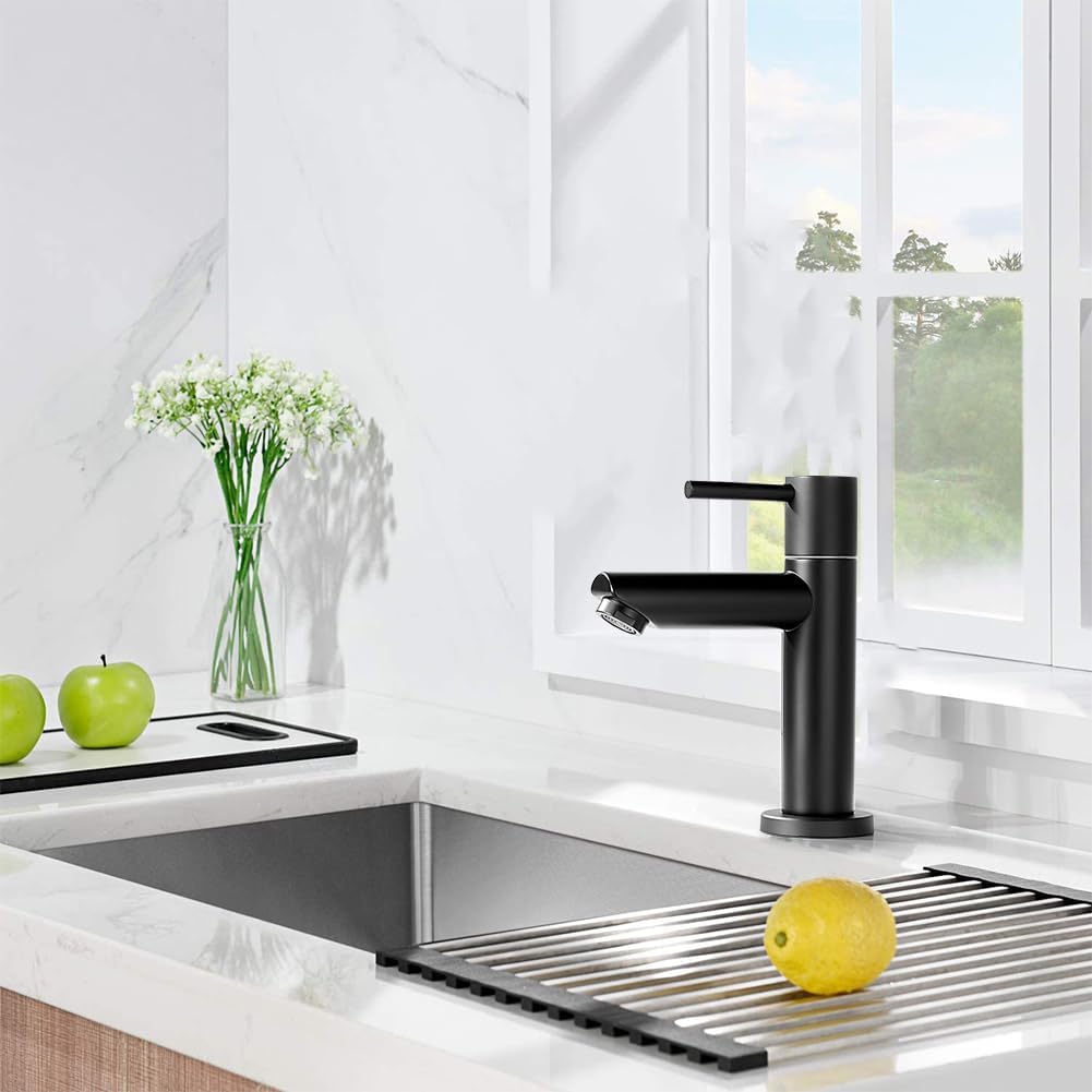 Wasserhahn Bad Schwarz+Wasserzulaufleitung, Edelstahl, Kaltwasserhahn Gäste Wc,Mischbatterie Waschbe