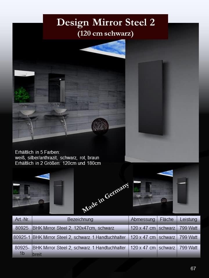 BADHEIZKÖRPER Design Mirror Steel 2 120x47cm 799 W schwarz +1 Halter 30mm SZAGATO Handtuchwärmer Han