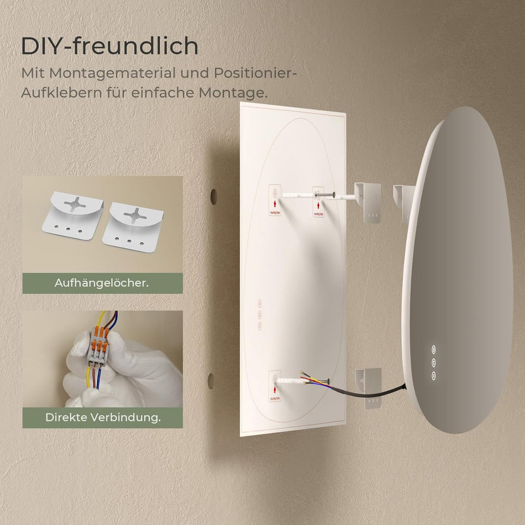 S'AFIELINA Spiegel mit Beleuchtung Asymmetrischer LED Badspiegel 85 × 50 × 2,5 cm (H × B × T) mit To