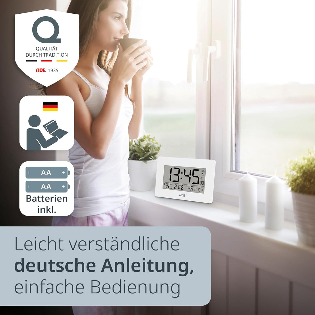 ADE Grosse Funkuhr digital mit XXL-Ziffern | Tischuhr mit Kalender und Wochentag | Digitale Uhr mit