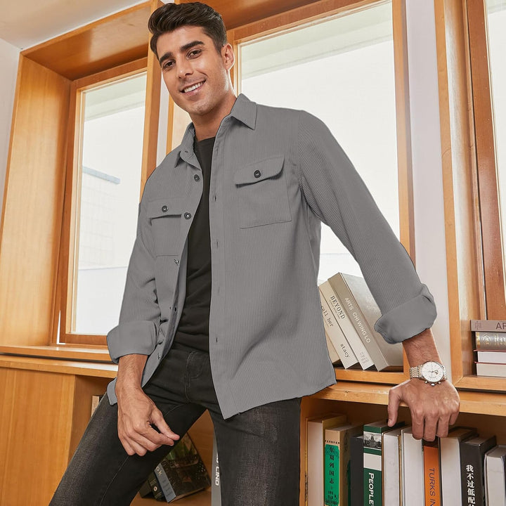 Herren Hemd Cord Langarm Freizeithemd Männer Jacke Regular Fit Button Up Hemdjacke Mit Klappentasche