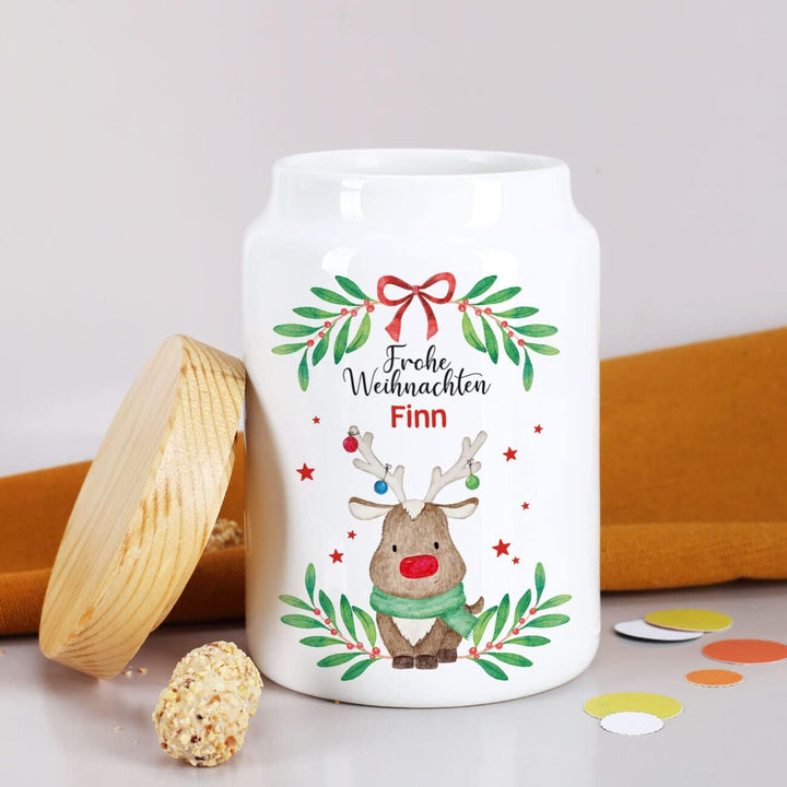 Herz & Heim® Keksdose personalisiert mit Ihrem Wunschnamen zu Weihnachten für Ihre Plätzchen (Elch),