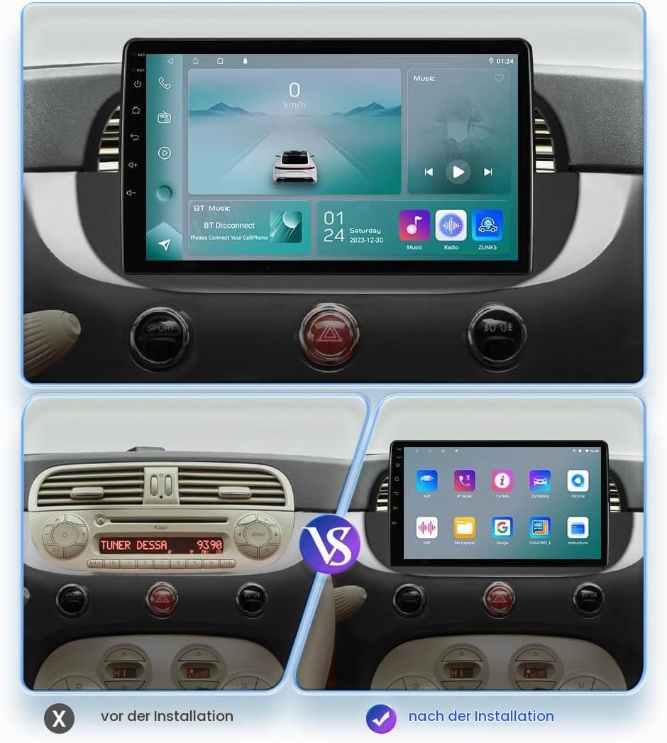 hizpo 9 Zoll Touchscreen Autoradio Kompatibel mit FIAT 500 2007-2014 mit Carplay/Android Auto 4-Core