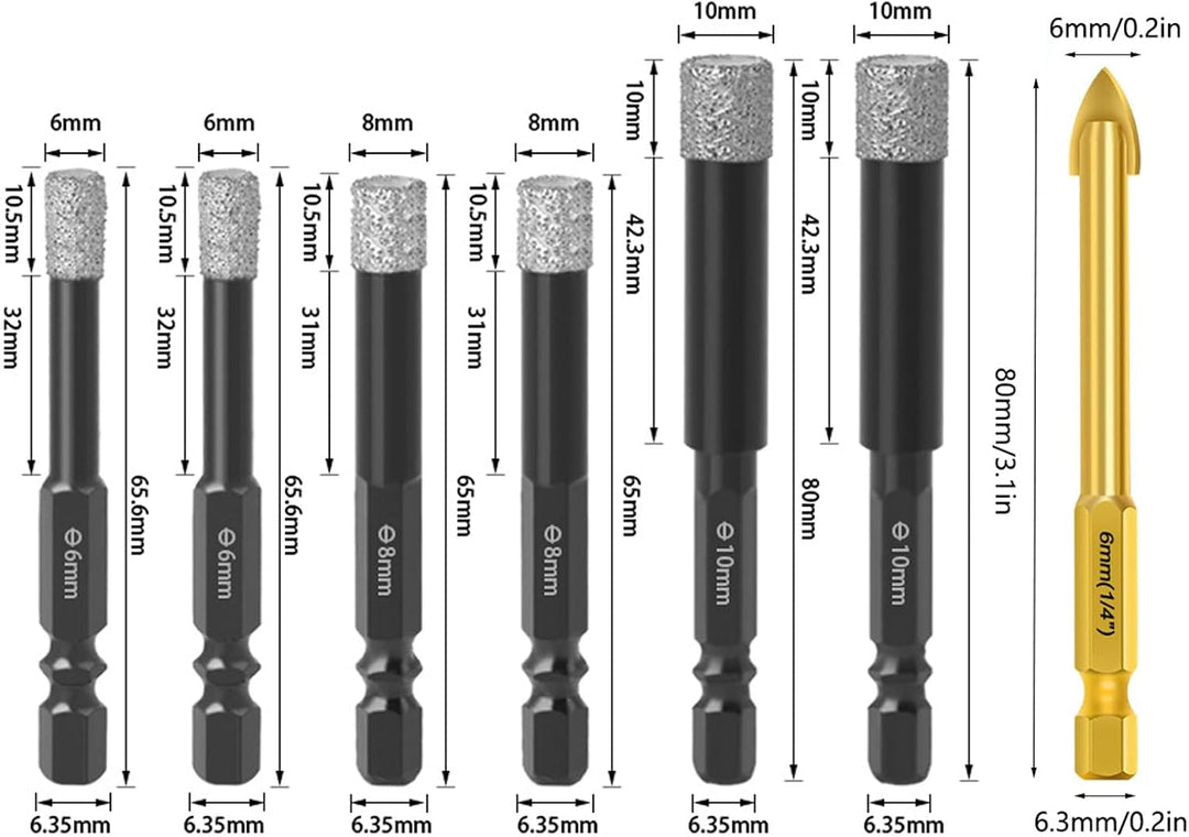 Diamantbohrer Set, Fliesenbohrer Set 6-tlg(6/6/8/8/10/10mm) mit 6mm Karbidbohrer, Sechskant-Schaft,