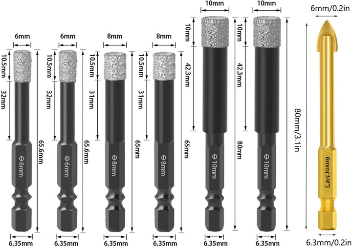 Diamantbohrer Set, Fliesenbohrer Set 6-tlg(6/6/8/8/10/10mm) mit 6mm Karbidbohrer, Sechskant-Schaft,
