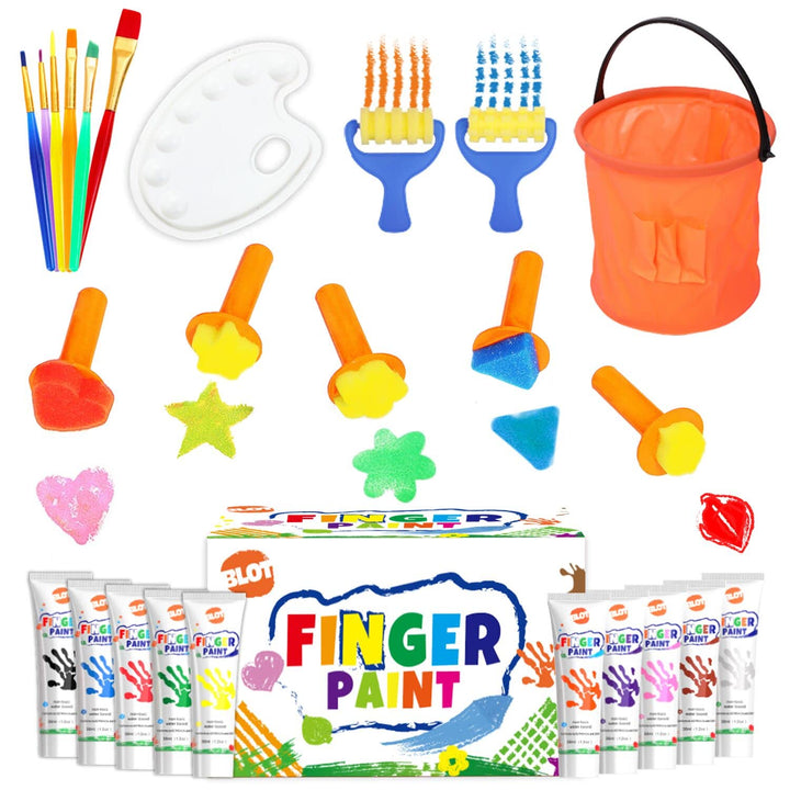 BLOT Fingerfarben Kinder Ungiftig Waschbares Fingermalfarben mit Pinsel Schwämme Palette für Kleinki