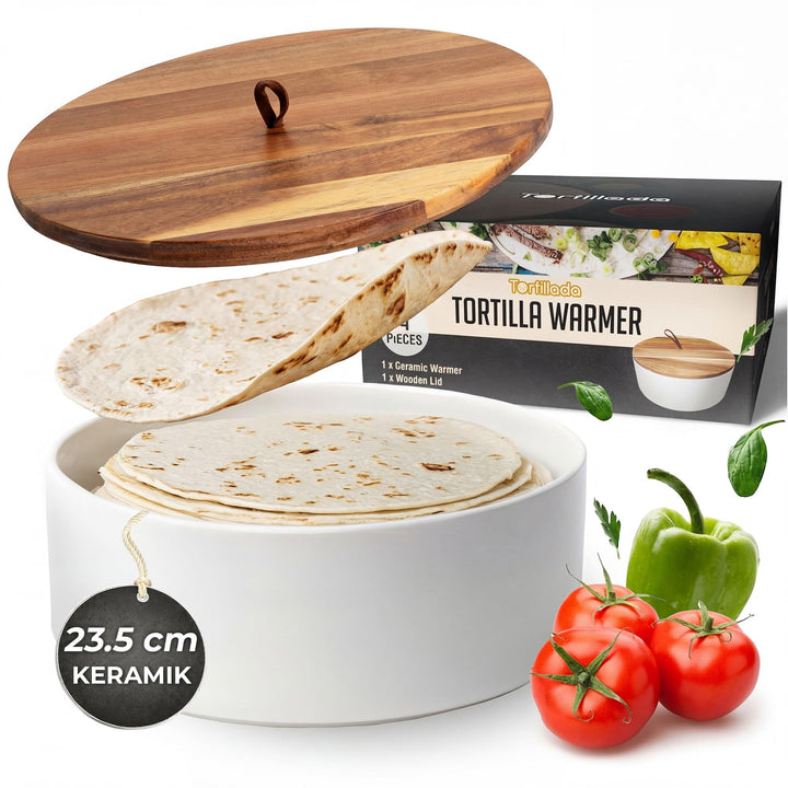 Tortillada - 23,5 cm Tortilla Wärmer mit Holzdeckel, Keramik Tortilla Warmer, Wrap Wärmer - Für Mikr