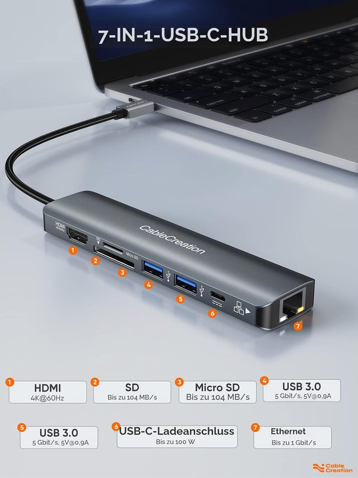 CableCreation USB C Hub,7 in 1 Multiport Adapter mit HDMI 4K 60Hz,Ethernet 1Gbps, 100W PD, SD, Micro