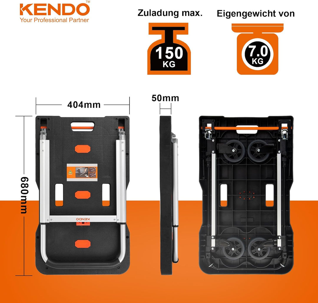 KENDO Plattformwagen klappbar 150 kg Tragkraft - Transportwagen klappbar mit Teleskop Handgriffen -