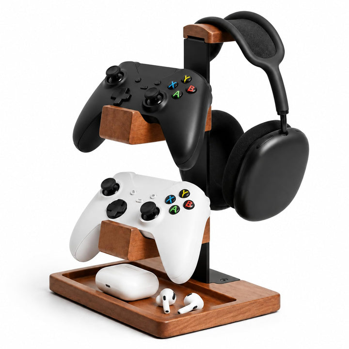 Controller Halter und Kopfhörer Ständer aus Holz, Tisch Headset Halterung mit Aufbewahrungsbasis, Un