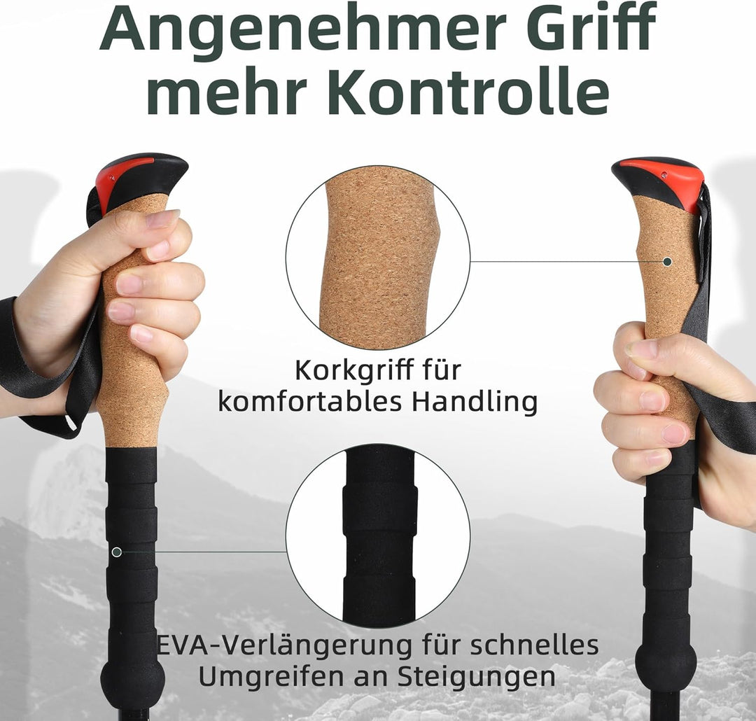 Teleskop-Wanderstöcke Carbon 2er Set, 200 g pro Stock, 62–135 cm verstellbar, leicht & stabil, Korkg