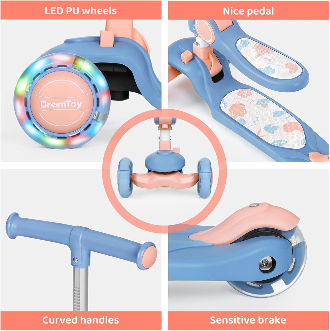 BremToy Kinderroller mit Sitz, Tretroller mit LED Rädern, Kinder Scooter mit Höhenverstellbarem Lenk