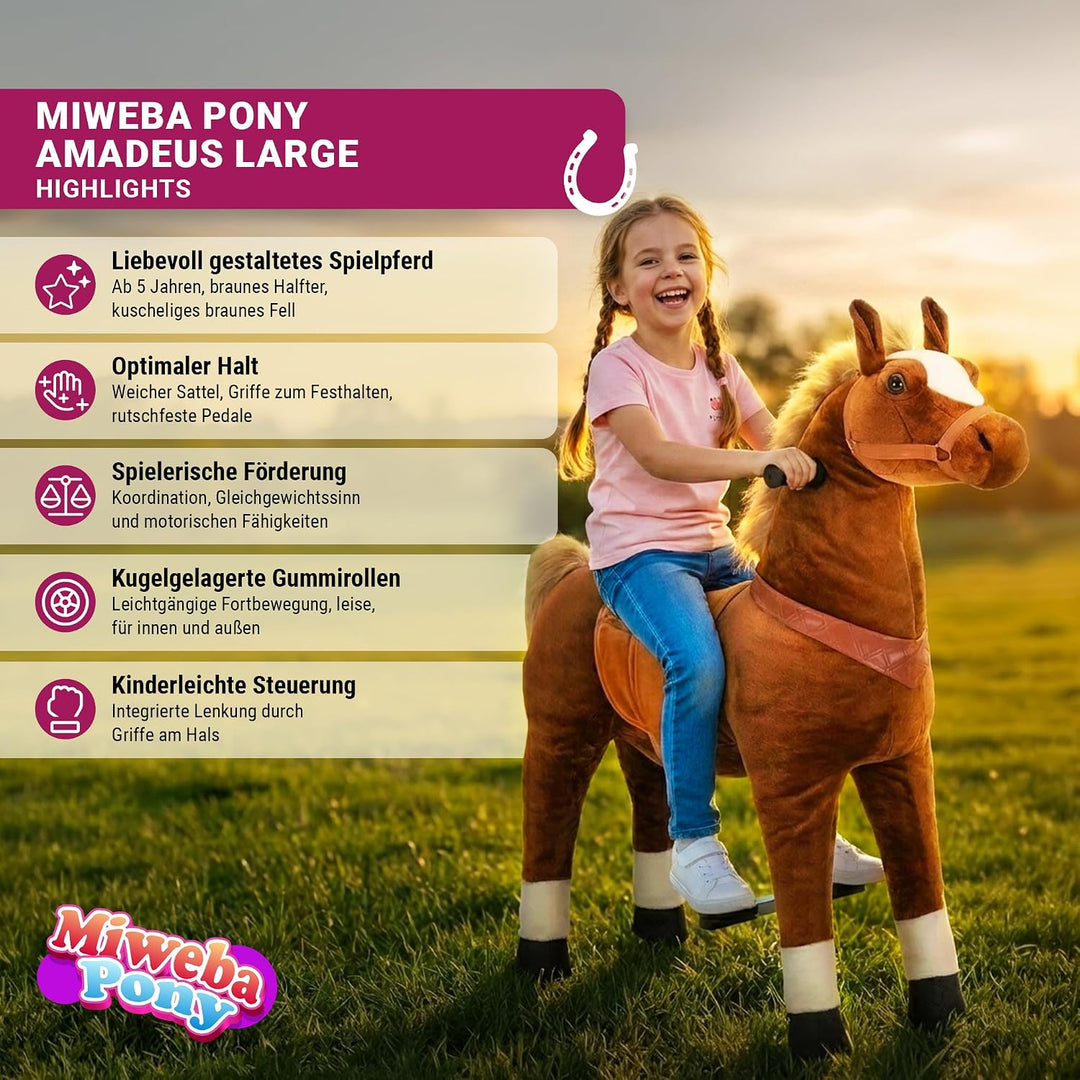 Miweba Pony Amadeus | Reitpferd auf Rollen - Pferd für Kinder - Schaukelpferd - Schaukeltier - Kusch