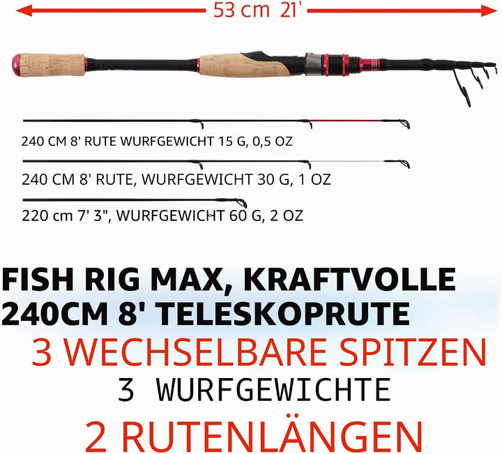 Rigged and Ready Fish Rig Max Tele Angelrute Die einzige Spin-Baitcast Teleskoprute der Welt 240 & 2