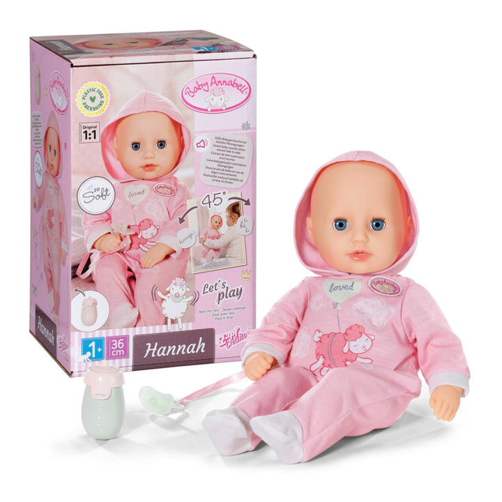 Baby Annabell Hannah Spiel mit mir, Babypuppe mit 5 Funktionen, weichem Stoffkörper und Accessoires,