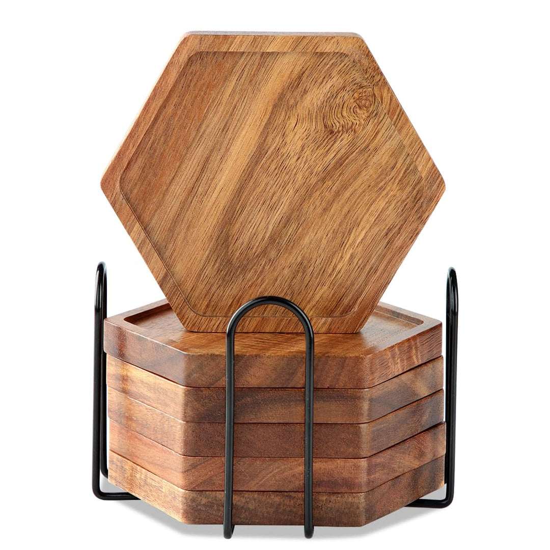Holz Untersetzer für Gläser 6er Set, Untersetzer aus Akazienholz mit Halter, Glasuntersetzer Tischun