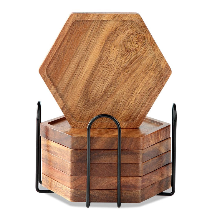 Holz Untersetzer für Gläser 6er Set, Untersetzer aus Akazienholz mit Halter, Glasuntersetzer Tischun
